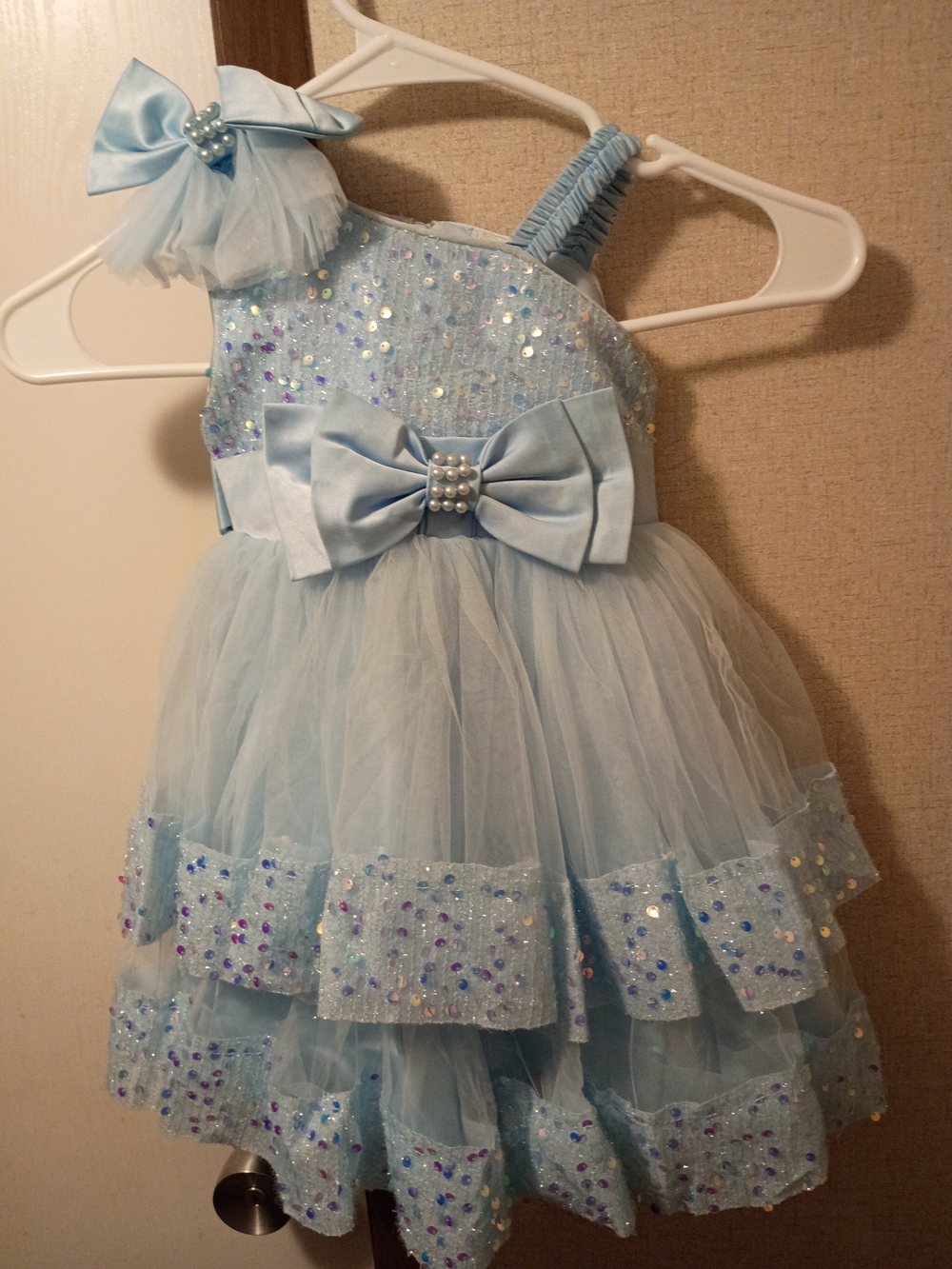 Light Blue Sequin Tulle Kids Costume Dress with Bow